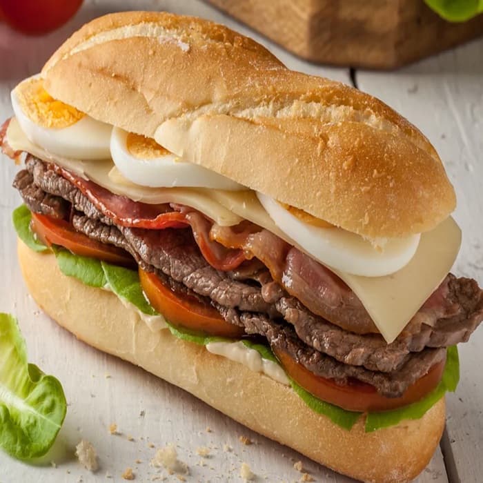 Toasted sandwich stacked high with fillings in a crusty roll